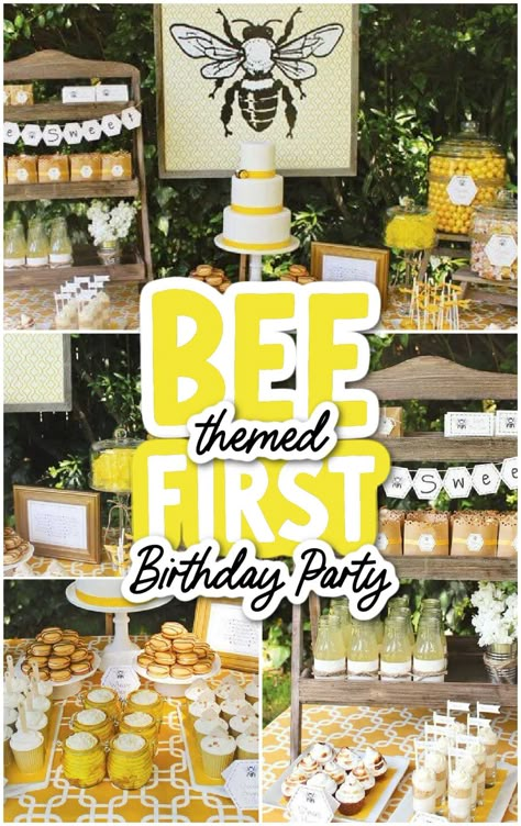 Bumble Bee First Birthday Cake, First Bee Day Party Food Ideas, Bumblebee Themed Birthday Party, Honeybee Theme Birthday Party, Honey Bee Party Ideas, Bee Theme 1st Birthday Party Ideas, Queen Bee First Birthday Party, Bee Themed First Birthday Party, Bee 1st Birthday Party Boy