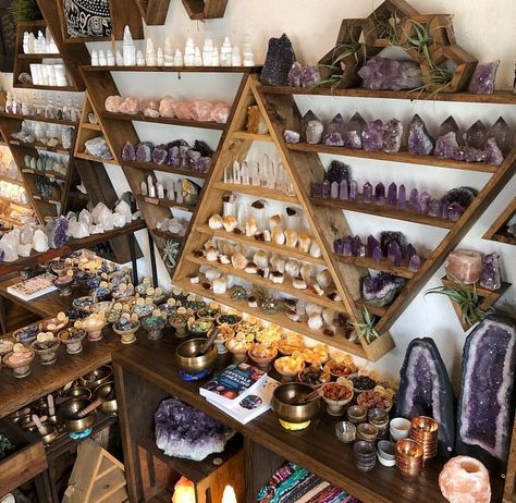 Happiness Crystals, Triangle Shelves, Witchcraft Shop, Witchy Room, Magical Decor, Triangle Shelf, Crystal Display, Natural Boho, Witchy Decor