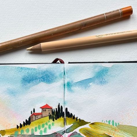 Ohn Mar Win | My Patreon members can watch the exclusive process video for this landscape. It’s loose watercolor with colour pencil details and some... | Instagram Ohn Mar Win, Watercolour Sketchbook, Sketchbook Illustration, Colour Pencil, Loose Watercolor, Watercolor Sketchbook, Watercolor Landscape, Surface Design, Colored Pencils