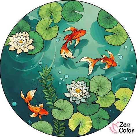 Pond Fish Drawing, Koi Fish In Pond Drawing, Koi Fish Digital Art, Koi Pond Drawing, Fishpond Ideas, Koi Pond Painting, Koi Drawing, Koi Fish Illustration, Pond Drawing