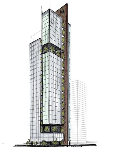 Office High Rise Building, Skyscraper Architecture Drawing, Skyscraper Design Concept, Office Tower Architecture, Skyscraper Architecture Concept, High Rise Building Concept, High Rise Facade, High Rise Building Design, Skyscraper Drawing