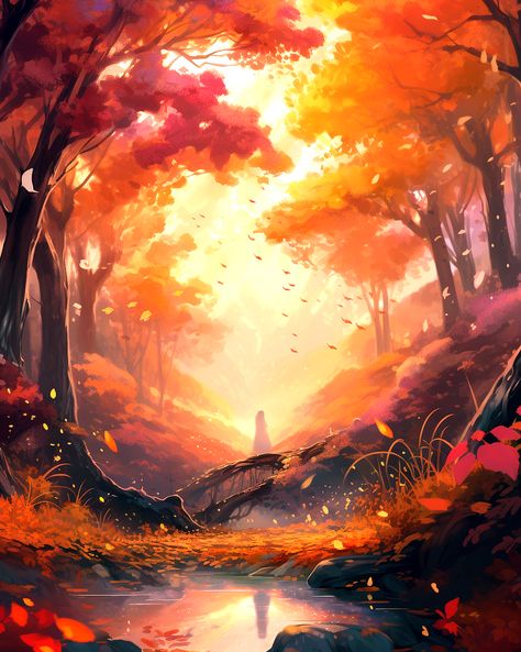 Person stating in an enchanting, fantasy forest during sunset with orange trees, leaves, flowers and plants Orange Fantasy Aesthetic, Sunset Digital Painting, Fantasy Forest Art, Fantasy Sunset, Orange Wallpapers, Orange Landscape, Forest Magical, Cozy Forest, Cars Images