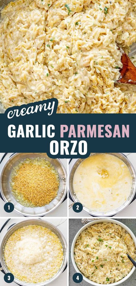 Whip up this Creamy Garlic Parmesan Orzo in just 15 minutes! Perfect as a hearty side or a comforting main, this dish combines cheesy, garlicky goodness with the simplest prep ever. #QuickComfortFood Meals To Make For Guests, Orzo Side Dish Recipes, Orzo Side Dish, Orzo Side, Garlic Parmesan Orzo, Creamy Orzo Recipes, Orzo Recipes Side, Macaroni Dishes, Creamy Orzo Pasta