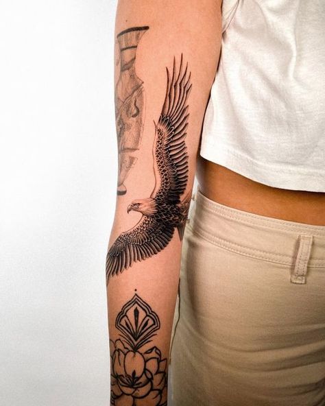 Quarter Sleeve Women Tattoo, Woman Eagle Tattoo, Eagle Tattoo Bicep, Eagle Women Tattoo, Trachea Tattoo, Eagle Arm Tattoo For Women, Girly Eagle Tattoo, Patchwork Realism Tattoo, Women Eagle Tattoo Ideas