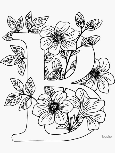 "B - Monogram Floral Botanical" Sticker by leoshe | Redbubble Monogram Floral Letters, Floral Monogram Letter Embroidery, Pyrography Patterns Printable, Letter Coloring Pages, Beautiful Coloring Pages, Floral Monogram Letter, Art Coloring Pages, Pyrography Patterns, B Monogram