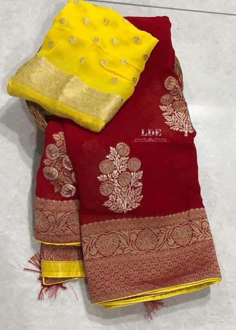 Banaras pure kaddi Georgette saree... Allover jall weaving Butties... Grand pallu... contrast blouse Price:4999+shipping To Buy, click here or Whatsapp image to chat directly with us: Whatsapp on+ 91 9502316419 For daily updates on our latest collections, follow us on FB page https://www.facebook.com/elegantfashionwearindia/ Instagram: https://www.instagram.com/elegantfashionwear/ Pinterest: https://pin.it/5Fp6x0t Note : No return and No exchange for Color Variations and Feel of Fabrics. Colours Georgette Saree Party Wear, Silk Saree Blouse Designs Patterns, Pure Georgette Sarees, Cotton Saree Blouse, Silk Sarees Online Shopping, New Saree Blouse Designs, Girls Dress Sewing Patterns, Draping Fashion, Simple Kurti Designs