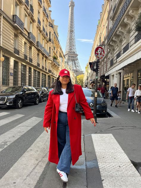 Paris aesthetic red celine cap ootd outfit 2023 midsize curvy fashion jeans adidas sambas inspo Eiffel Tower glam view Long Red Coat Outfit, Winter Red Coat Outfit, Red Winter Coat Outfit, Red Coat Winter Outfit, Red Coat Outfit Casual, Red Coat Outfit Aesthetic, How To Style A Red Trench Coat, Red Peacoat Outfit, Red And Camel Outfit