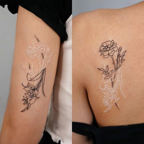 Matching Tattoos Animals, Flower Line Work Tattoo, Tiny Peony Tattoo, Friendship Flower Tattoo, Line Work Flower Tattoo, Tato Naruto, Maching Tattoos, Cute Matching Tattoos, Matching Friend Tattoos