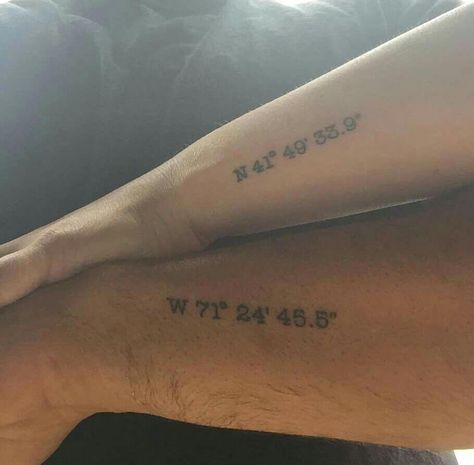 Couple tattoos. ..GPS coordinate if location where we met #coupletattoo #rirairishpub #couplestattoosmatching Typewriter Font Tattoo Forearm, Coordinates Tattoo Placement Arm, Matching Coordinates Tattoo, Wedding Coordinates Tattoo, Coordinates Tattoo Placement Men, Coordinates Tattoo Wrist, Location Coordinates Tattoo, Longitude And Latitude Tattoo Couple, Coordinates Tattoo Couples