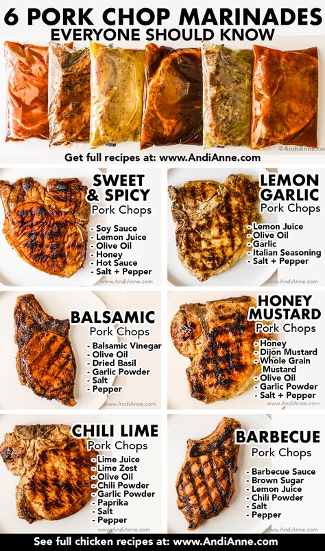 Pork marinades add incredible flavor to your pork dishes. They're easy, healthy, and so simple. Made with fresh ingredients, these six marinade recipes will give your pork chops an amazing taste without overpowering the meat. Homemade Marinades For Meat, Diy Meat Marinade, Healthy Meat Marinades, Pork Chops Marinade Recipes Grilled, Easy Pork Chop Marinade For Grill, What To Marinate Pork Chops In, Pork Loin Chop Marinade, Marinade For Meat, Easy Marinated Chicken Recipes