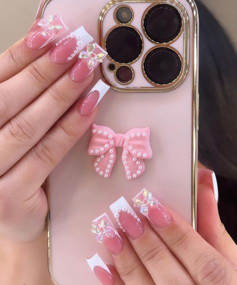 Uñas Coquette, Press On Nails Tips, Heart Pattern Design, French Press On Nails, Nail Shapes Square, Bow Nail Art, Fancy Nails Designs, Nails Tips, Girly Acrylic Nails