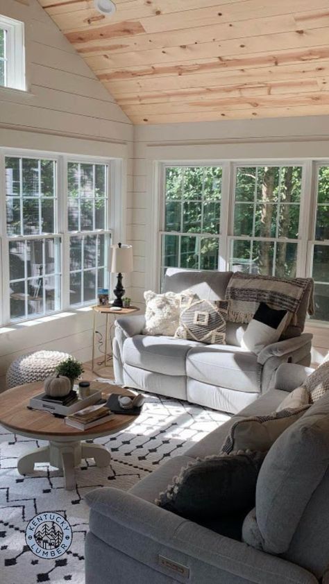 Sunroom ideas | Shiplap walls painted white and the shiplap ceiling left natural | Plenty of natural lighting and a soothing color scheme Shiplap Walls And Ceilings, 4 Season Sunroom Ideas, Barn Wood Flooring, Sunroom Living Room, Sunroom Remodel, Cozy Sunroom, Small Sunroom, All Season Room, Family Room Addition