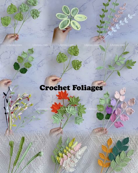 The Crochet foliages collection, adds greenery, texture, and structure to arrangements. Examples: Ferns, eucalyptus, and monsters. #crochet #bouquet #crochetflower #crochetleaves #crochetfoliages #florist #flowerarrangement #arrangements Crochet Greenery For Bouquet, Crochet Foliage, Crochet Greenery, Greenery Texture, Crochet Plants, Graduation Bouquet, Greenery Bouquet, Crochet Hack, Crocheted Flower