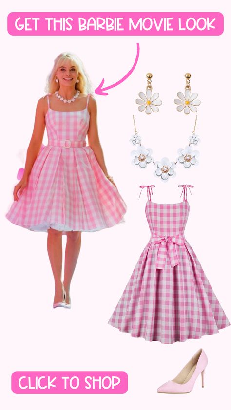 Barbie Plaid Dress, Barbie Movie Gingham Dress, Iconic Women In Movies Costume, All Of Barbies Outfits, Barbie Outfits Movie 2023, Modest Barbie Costume, Barbie Movie Looks, Barbie Gingham Dress, Barbie Dress Costume