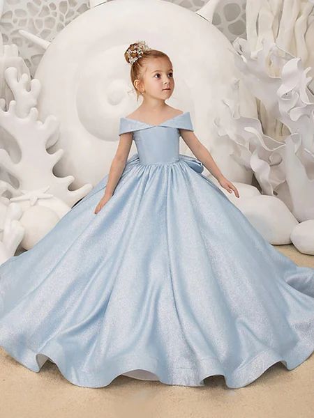 Products Flower Girl Dresses Blue, Long Flower Girl Dresses, Cheap Flower Girl Dresses, Satin Ball Gown, Real Princess, Girls Dresses Online, Long Flowers, Kids Gown, Big Bow