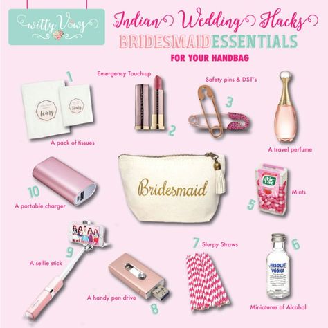 Indian Bride Essential List, Bride Essentials List Indian, Bridesmaid Essentials, Diy Indian Wedding, Bridal List, Bridesmaids Essentials, Wedding Survival Kit, Bride Checklist, Bridesmaid Kit