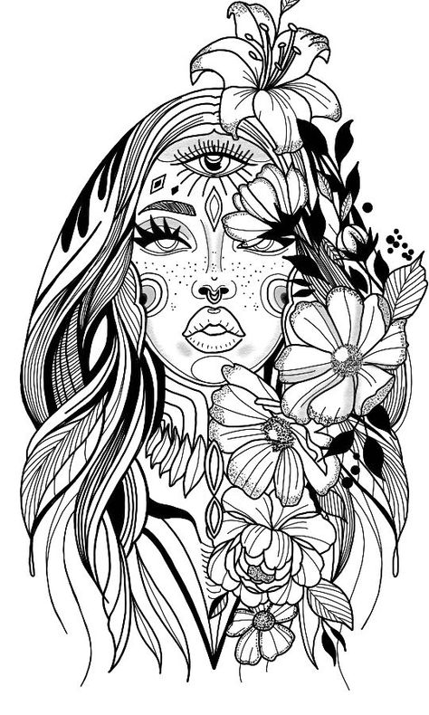 Third eye girl Witch Women Tattoo, Spiritual Tattoo Stencil, Plant Goddess Tattoo, Unique Tattoo Stencils Outline For Women, Spiritual Sketches, Third Eye Drawing, Spiritual Coloring Pages, Strong Women Tattoos Ideas, Tattoo Coloring Pages For Adults