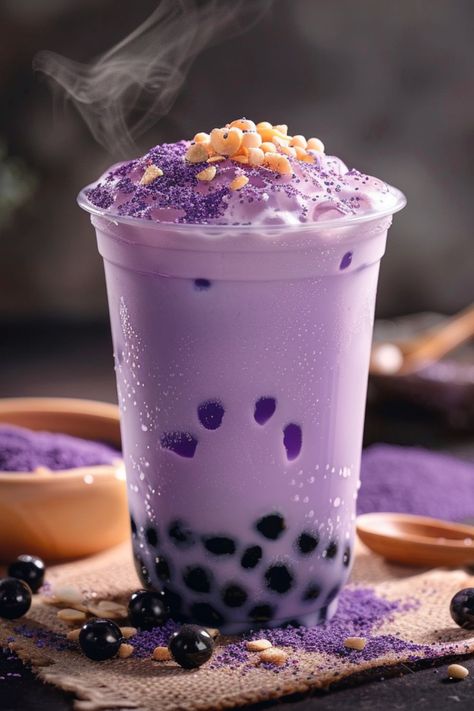 Purple Boba Tea: Flavor, Ingredients & Recipe! Boba Tea Purple, Lavender Bubble Tea, Hot Bubble Tea, Boba Purple, Purple Snacks, Es Boba, Ube Boba, Booba Tea, Milk Tea Flavors