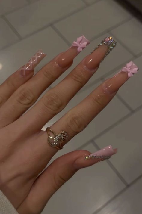 Nails W Bows, How To Strengthen Nails, Ongles Bling Bling, Strengthen Nails, Hard Nails, Girly Acrylic Nails, Blush Nails, Acrylic Nails Coffin Pink, Rose Bleu