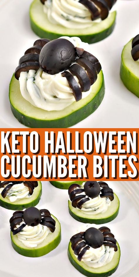 Keto Spider Cucumber Appetizer Bites #ketohalloweenspidercucumberbites #halloweenspidercucumberbites Halloween Snacks For Party Gluten Free, Healthy Snack Halloween Party, Healthy Spooky Snacks For Halloween, Cute Halloween Party Food Ideas, Halloween Finger Appetizers, Spooky Healthy Halloween Snacks, Halloween Themed Foods Potluck, Cauldron Snack Ideas, Babybel Cheese Halloween