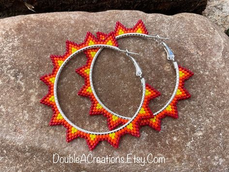 Seed Bead Hoops Earrings, Native Brick Stitch Earrings, Hoop Seed Bead Earrings, Beaded Earrings Hoop, Beaded Hoops Earrings, Beaded Hoop Earrings Native American, Neon Earrings, Hoop Beaded Earrings, Indigenous Beadwork