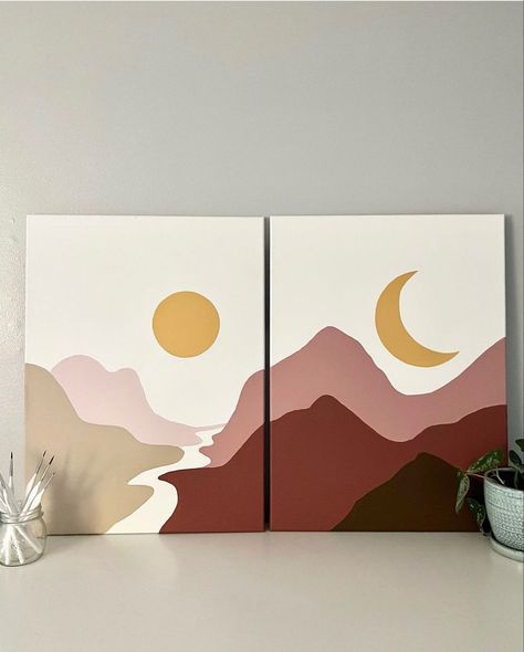 Painting Pair Canvas, Simple 2 Canvas Paintings, Two Part Canvas Painting, Continuous Canvas Paintings, Simple Decor Paintings, Painting Ideas Two Canvas, Diy Easy Acrylic Painting, Minimalist Painting For Living Room, Acrylic Painting Ideas For Bedroom