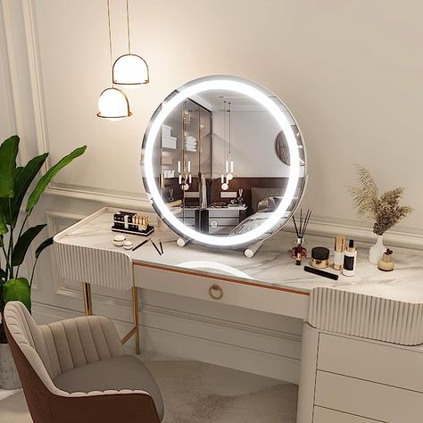 Vanity Ideas Circle Mirror, Make Up Desk Mirror, Light Up Mirror Circle, Makeup Mirrors With Lights, Bedroom Vanity Lighting Ideas, Bedroom Vanity Mirror, Lighted Mirror Vanity, Make Up Mirror With Light, Vanity Desk With Mirror And Lights