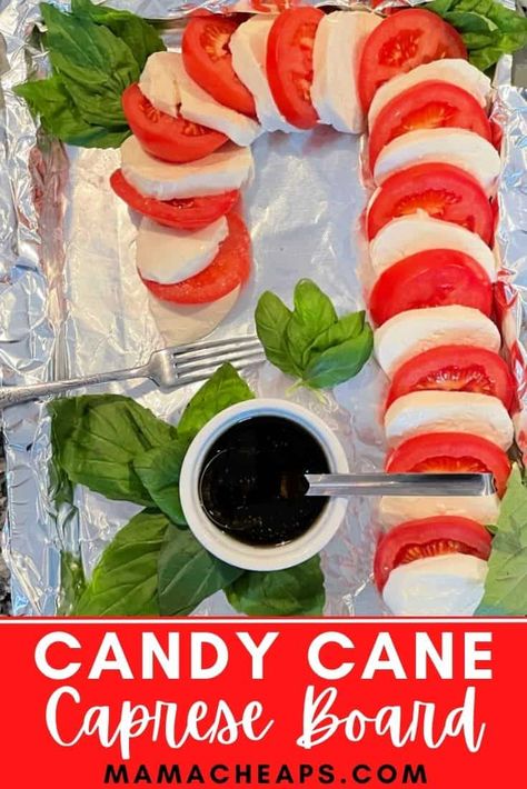 Candy Cane Caprese Board - Mama Cheaps® Mozzarella Tomato Basil Candy Cane, Candy Cane Mozzarella Tomato, Caprese Board, Tomato Slice, Fun Holiday Food, Christmas Appetizers Easy, Party Food Spread, Christmas Charcuterie, Christmas Appetizer