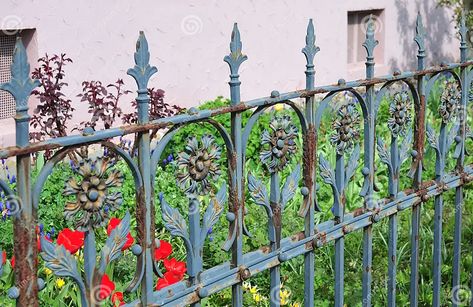 Old Rusty Wrought Iron Fence Painted Blue Stock Image - Image of fence, blue: 147076233 Iron Fence Design, Victorian Iron Fence, Ornamental Gates Wrought Iron, Victorian Iron Gates, Antique Wrought Iron Gates, Wrot Iron Fence, Wrought Iron Fence, Ornate Gates Open, Floral Ornaments