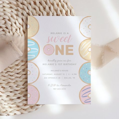 Sweet One Pastel Donut First Birthday Party Invita Invitation - tap to personalize and get yours #Invitation #birthday #party, #girl #birthday, #doughnut, Donut First Birthday Party, Birthday Doughnut, Sweet One Birthday Party, Donut First Birthday, Sweet One Birthday, Doughnut Party, Donut Themed Birthday Party, Birthday Party Girl, First Birthday Themes