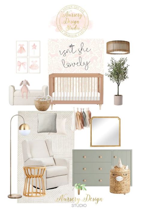 Neutral And Gold Nursery, Pastel Pink Nursery Ideas, Nursery Design Studio, Studio Mcgee Nursery Ideas, Nursery Vision Board, Girl Nursery Mood Board, Apartment Baby Nursery, Amazon Nursery, Sage Green Nursery Ideas