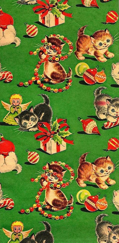 Vintage Christmas Wrapping Paper, Christmas Kitten, Christmas Ephemera, Vintage Christmas Images, Holiday Wrapping Paper, Vintage Wrapping Paper, Old Fashioned Christmas, Christmas Memory, Noel Christmas