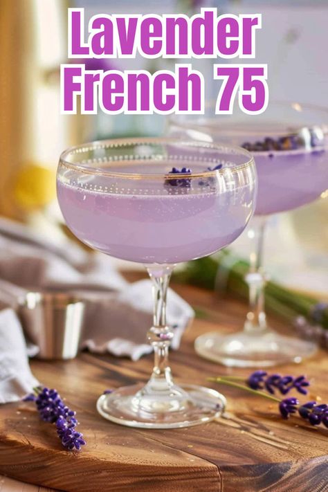 Indulge in the elegance of a Lavender French 75! This sophisticated cocktail blends gin, champagne, and a hint of lavender for a floral and refreshing drink. Click to get the recipe and bring a touch of luxury to your next gathering. Lavender Bitters, French 75 Recipe, Empress Gin, Spritz Drink, French 75 Cocktail Recipes, Easy Cocktail Recipe, Easy Gin Cocktails, Cocktails To Make At Home, Sparkling Wine Cocktails