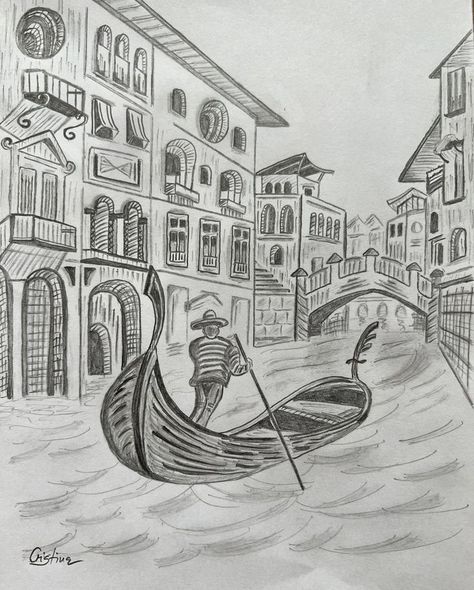 Drawing pencil sketch Italy Pencil Drawing, Venice Sketch Drawings, Italy Drawing Sketch, Drawings Of Italy, Gondola Drawing, Italy Drawing Easy, Venice Italy Drawing, Pencil Shading Scenery, Europe Sketch