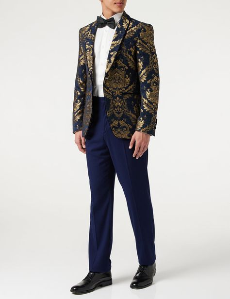 Jacquard Blazer, Velvet Shawl, Dress Suits For Men, Dinner Jacket, Gold Brocade, Prom Suits, Navy Velvet, Wedding Suit, Velvet Trim