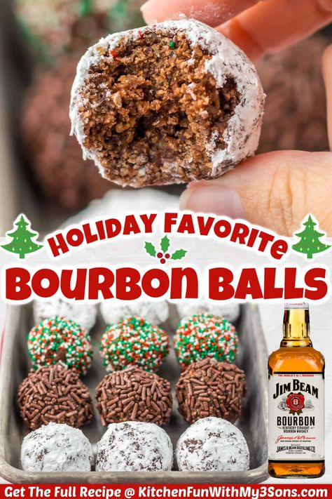 Bourbon Balls are a delicious boozy dessert for all adults to enjoy. These no bake treats are the first thing to go at Holiday parties and also make wonderful gifts. Desserts Made With Alcohol, Christmas Bourbon Balls, Boozy Fruit Recipes, Alcoholic Candy Recipes, Boozy Balls Recipe, Boozy Fudge Recipes, Boozy Cookies Christmas, Alcohol Candy Recipes, Alcohol Dessert Recipes