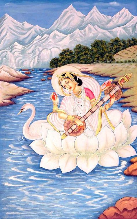 Goddess Saraswati Painting Saraswati Painting, Goddess Saraswati, Arte Yoga, Saraswati Devi, Lotus Painting, Saraswati Goddess, Hindu Goddess, Indian Goddess, Hindu Mythology