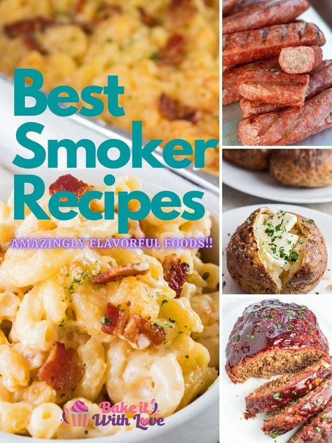 Best smoked recipes collage pin with 4 recipes featured and text heading overlay. Sides For The Smoker, Best Meats For Smoker, Stovetop Smoker Recipes, What Can You Cook In A Smoker, My Incredible Recipes.com, Offset Smoker Recipes, Easy Pellet Smoker Recipes, Yoder Smoker Recipes, Recipes For The Smoker