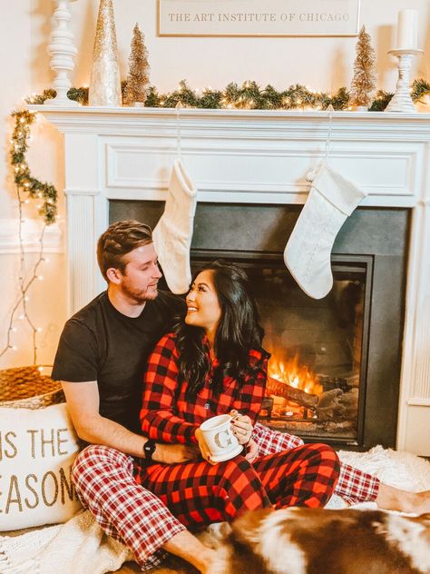 Fireplace Photoshoot, Indoor Christmas Photos, Cheesy Christmas Movies, Two Christmas Trees, Christmas Mini Shoot, Christmas Couple Pictures, Christmas Poses, Flocked Tree, Christmas Family Photoshoot