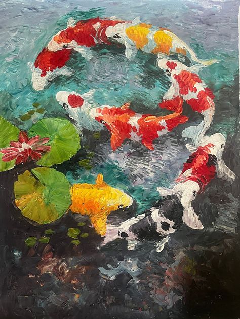 Koi Fish Feng Shui artwork painting on canvas roll painted with oil paint with textured details to represent the flow of water. The painting of Koi fishes represents abundance, wealth, luck and flow of new opportunities. 9 koi fishes represents completion, unity, prosperity, and wealth.  The koi wall art is a great and unique piece for decoration. Painting can be hung horizontally/vertically Feng Shui Artwork, Feng Shui Fish, Feng Shui Koi Fish, Gold Fish Painting, Feng Shui Paintings, Koi Fish Painting, Painting Oil Paint, Koi Fishes, Koi Painting