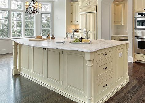 Beautiful white marble countertop kitchen island White Marble Kitchen Countertops, White Marble Kitchen Island, Marble Kitchen Countertops, Marble Top Kitchen Island, Round Kitchen Island, Yellow Kitchen Cabinets, Marble Kitchen Island, White Kitchen Table, Replacing Kitchen Countertops