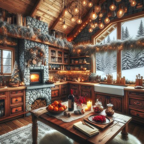 Experience warmth in this rustic cabin kitchen, boasting wooden cabinets and a fireplace. Marvel at copper cookware reflecting soft light, and stunning views of snow outside. Enjoy the cozy feel of fur rugs and the enchanting glow from string lights. #CabinKitchen #RusticInteriors #CozyHome #Fireplace #StringLights #SnowyLandscape Rustic Cabin Kitchen, Snow Outside, Snowy Cabin, Fur Rugs, Winter Retreat, Cabin Kitchen, Forest Cabin, Copper Cookware, Cabin Kitchens