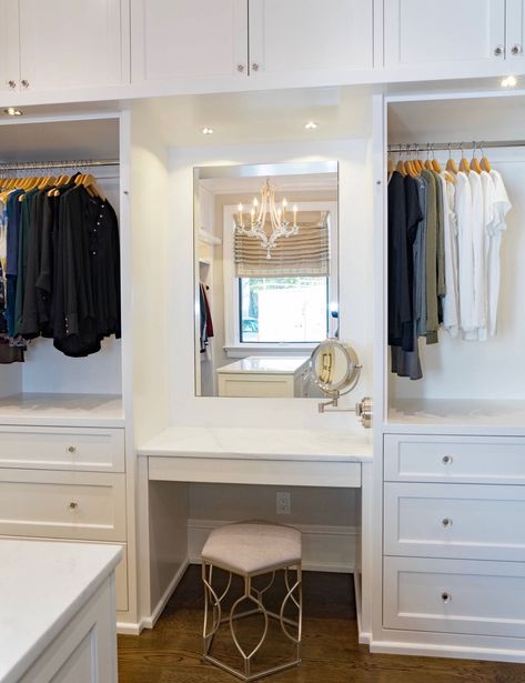 Closet With A Vanity, Built In Wall Vanity Bedroom, Master Closet Design With Makeup Vanity, Makeup Vanity In Master Closet, Master Closet With Makeup Area, Guest Bedroom And Closet Combo, Built In Closet Vanity Ideas, Wardrobe Closet With Vanity, Vanity Between Closets