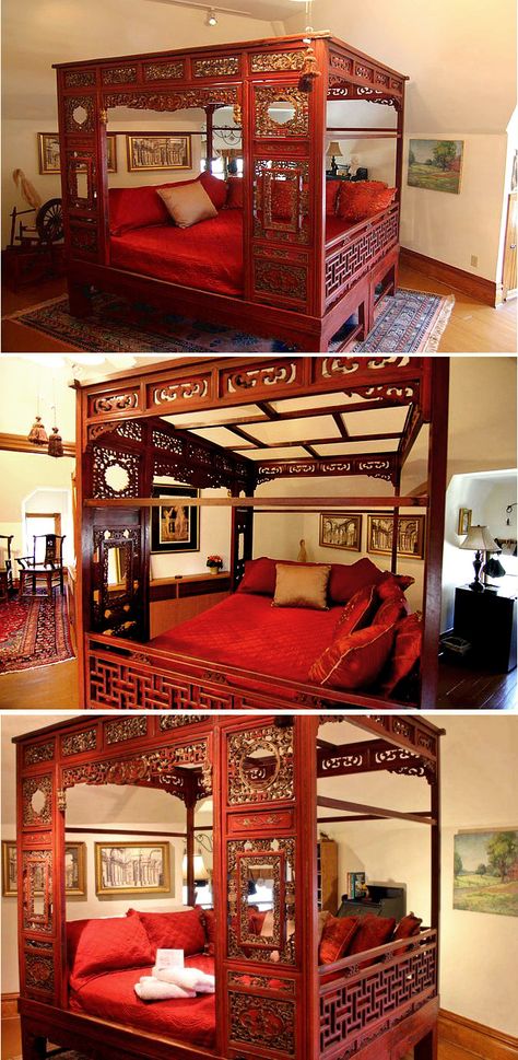 The Dr. Henry McCoy Room, featuring a unique 1850 Chinese Wedding (queen size) bed Mansion District Inn Suites B&B Japanese Traditional Bed, Traditional Chinese Bedroom Aesthetic, Chinese Wedding Bed, Chinese Canopy Bed, Asian Inspired Bed Set, Cot Design, Chinese Bed, China Aesthetic, Steel Bed Design