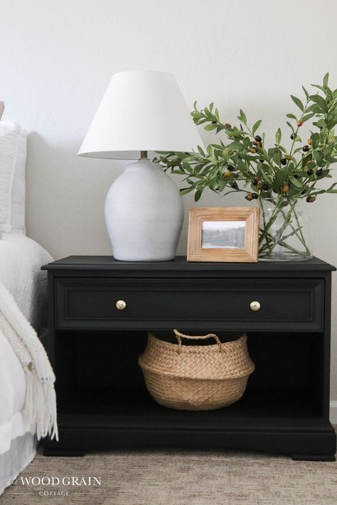 Bedroom With Dresser As Nightstand, Bamboo Nightstand Bedside Tables, Nite Stands Bedside Tables, Bedroom Night Table Decor, Night Stand Accessories, Black Night Stand Decor, Dark Wooden Nightstand, Redone Night Stands, Large Nightstand Ideas