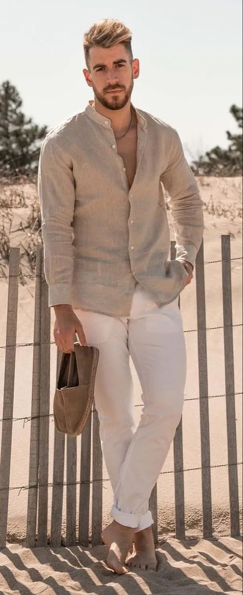 Mens Linen Shirt Outfit Wedding Attire, Men Summer Party Outfit, Mens Spring Summer Outfits, Mens Winery Outfit Summer, Beige Summer Outfit Men, Summer Attire Men, Summer Birthday Outfit Men, Mens Wedding Outfit Guest, Men’s Birthday Outfit Ideas