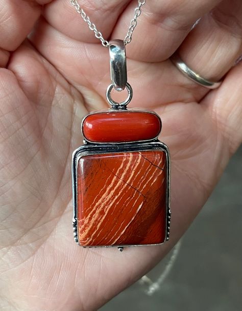 "Natural, Red Coral and natural Red Rainbow Jasper, pendant necklace, set in oxidized, 925 sterling silver plated over copper setting, and 20\" inches long chain. Pendant, Bail Included: 2.25\" x 1.25\" inches." Jewlery Rings, Pendant Bail, Simple Silver Jewelry, Metalwork Jewelry, Jewelry Design Inspiration, Handmade Jewelry Necklace, Bold Jewelry, Carnelian Stone, Jasper Pendant