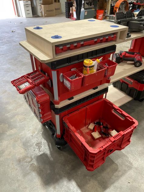 Kaizen Source - Mobile PackOut Bench Accessories Packout Workbench, Packout Storage Ideas, Van Tool Storage, Milwaukee Tool Box Ideas, Mobile Work Bench, Milwaukee Packout Ideas, Van Fitout, Milwaukee Tool Box, Tool Box Ideas