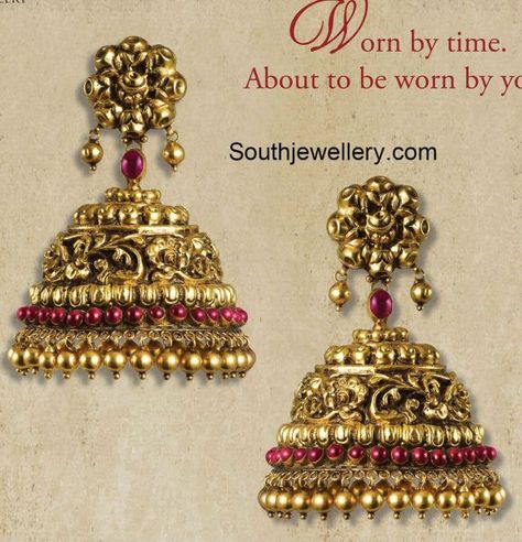 antique_gold_jhumkas_nakshi Nakshi Jhumkas, Buttalu Designs, Nakshi Design, Temple Jewellery Jhumkas, Gold Jhumkas, Earrings Latest, Desi Jewelry, Temple Jewellery Earrings, 22 Carat Gold Jewellery