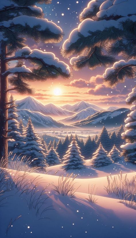 #animeArt #winterWonderland #snowyMountains #pineTrees #StudioGhibli #KikisDeliveryService #HaibaneRenmei #4KWallpaper #sereneScenes #snowflakes #goldenGlow #mistyValley #blueHaze #waterfall #peacefulAmbiance #natureLover #wallpaperInspirations #landscapeArt #dreamyImagery Snow Anime Background, Anime Winter Background, Snowy Wallpaper Aesthetic, Anime Winter Wallpaper, Winter Anime Wallpaper, Mystery Journal, Snowy Wallpaper, Wallpaper Anime Hd, Anime Snow